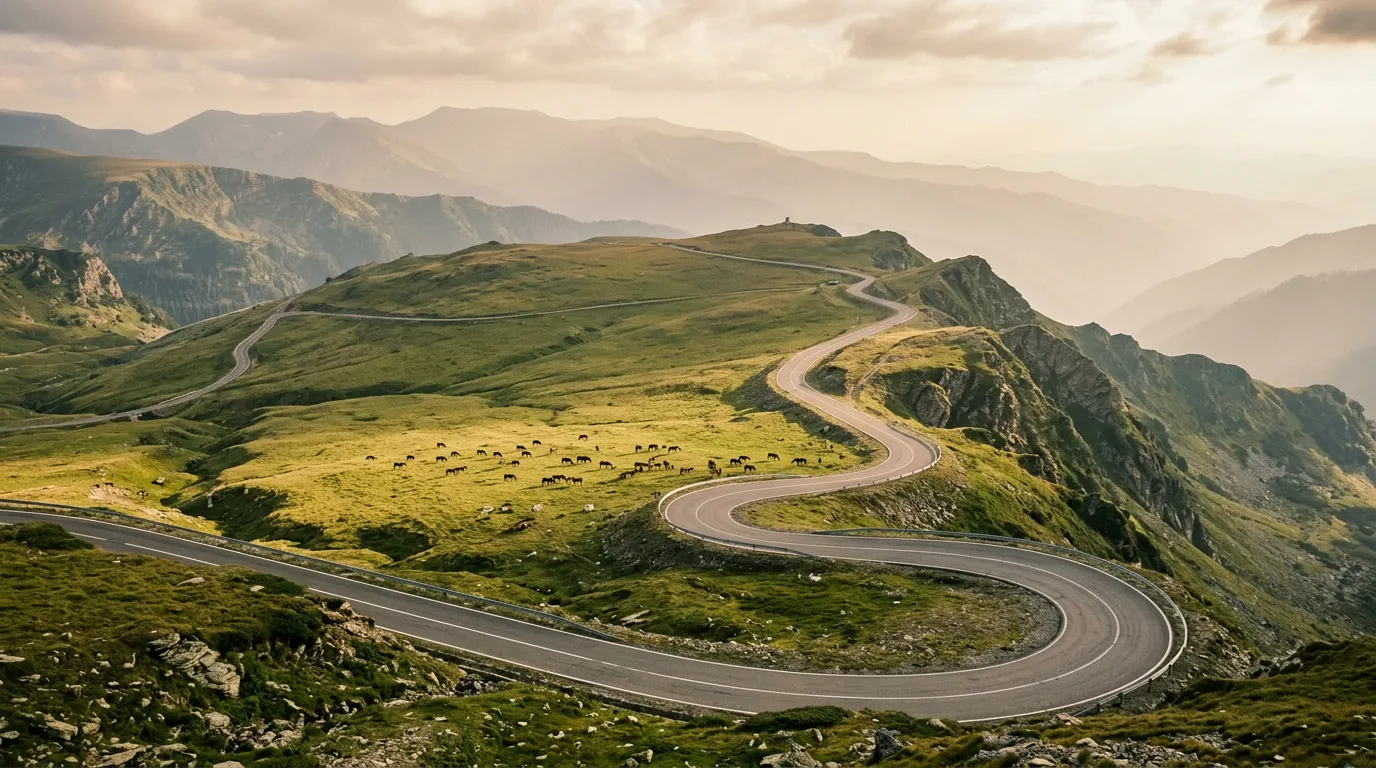 Sweeping curves of the Transalpina road running along a high alpine ridgeline above 2000m, green mountain plateau with grazing horses, distant Carpathian peaks fading into atmospheric haze