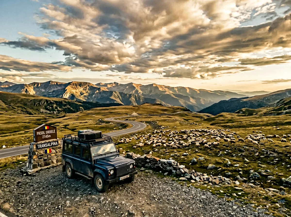 A lone car parked at the Urdele Pass summit marker at 2145m on the Transalpina, vast open alpine plateau stretching to the horizon, sheep grazing nearby, dramatic cloud formations overhead