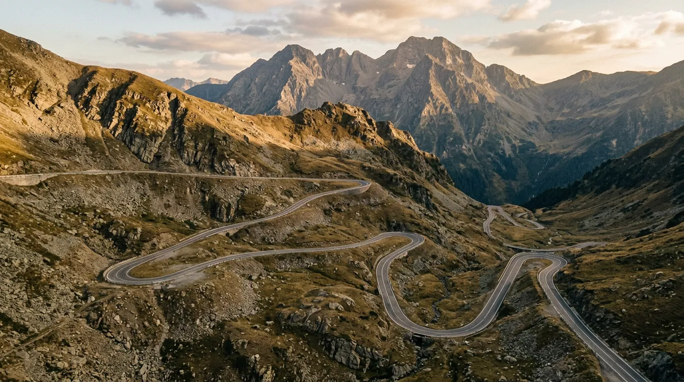 Aerial view of the Transfagarasan Highway's northern hairpin section climbing through alpine terrain above the tree line, multiple switchbacks visible, rocky peaks of the Fagaras Mountains in the background