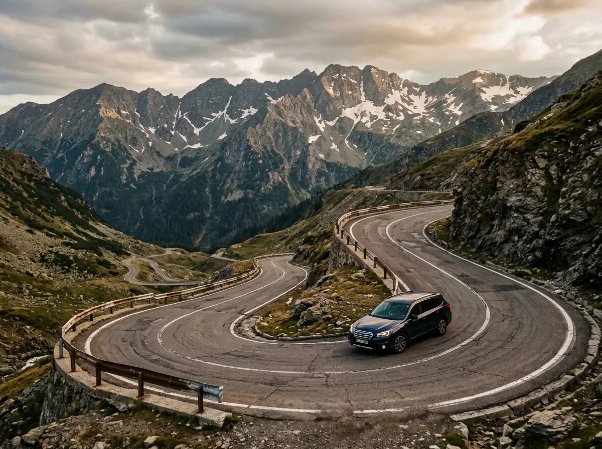 A car navigating one of the Transfagarasan's hairpin turns with the dramatic Fagaras mountain range in the background, rocky alpine terrain, late-season patches of snow on the higher peaks