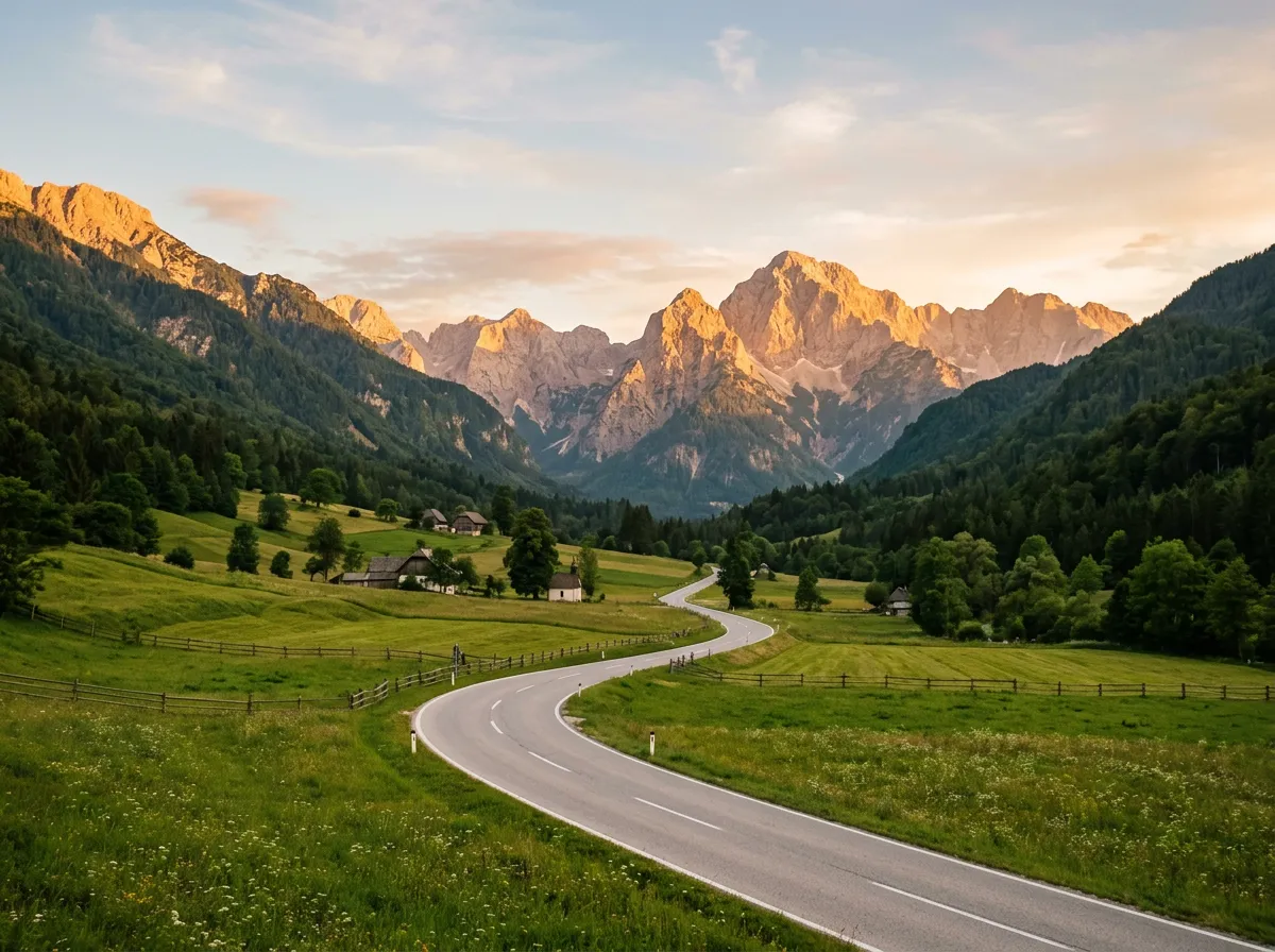 Evening light in the Koritnica valley approaching Predel Pass, green mountain meadows on both sides, Julian Alps peaks catching golden sunset light, a two-lane road curving gently through the pastoral landscape, serene atmosphere