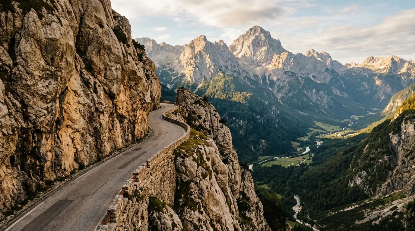 Mangrt Road clinging to exposed mountainside above the Koritnica valley, narrow road carved into rock face, dramatic drop visible to one side, Julian Alps peaks in the background, morning light illuminating the limestone cliffs