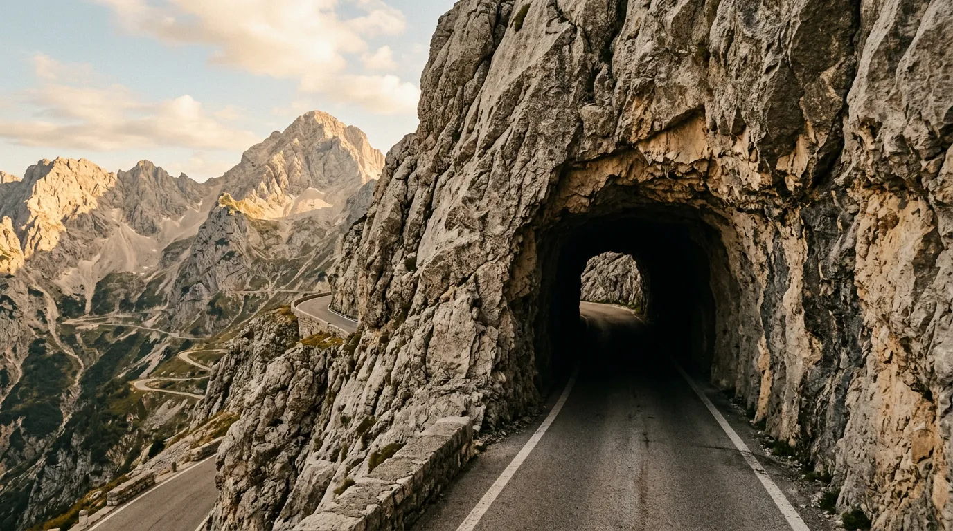 Narrow single-lane tunnel entrance on Mangrt Road carved directly from raw limestone rock, barely car-width, mountain road visible beyond the dark opening, exposed cliff face alongside, Julian Alps peaks visible in the background