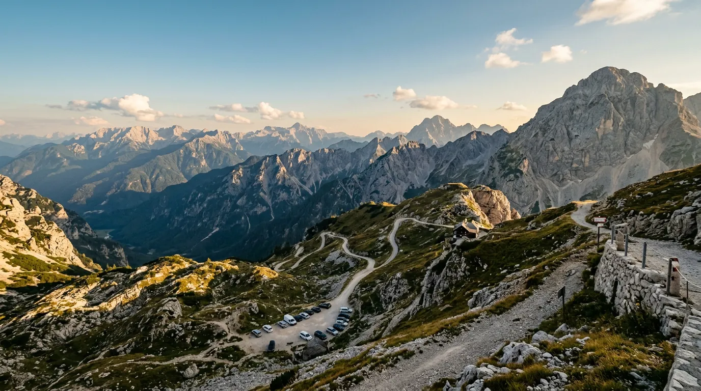 Panoramic view from Mangrt Saddle at 2,055m looking out over the Julian Alps, multiple mountain ranges visible in layered perspective, remnants of military road visible below, small parking area with a few cars, clear alpine sky