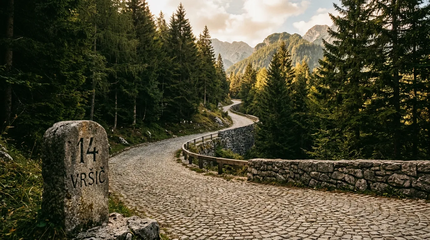 Stone-numbered hairpin marker on Vrsic Pass, cobblestone road surface visible, dense spruce forest on both sides, another hairpin visible above through the trees, dappled mountain light, historical WWI-era road construction visible