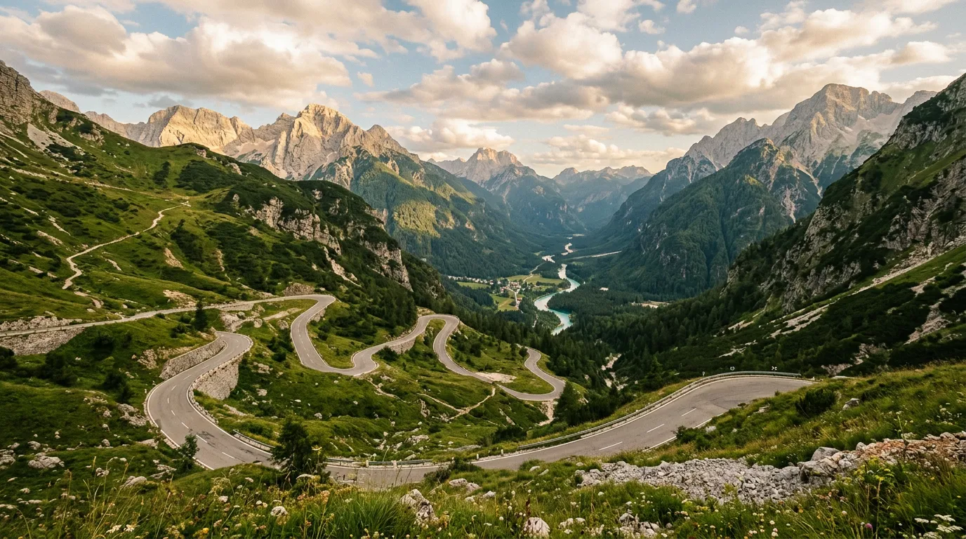 Southern descent of Vrsic Pass, wide sweeping curves through alpine meadow, the turquoise Soca River visible in the Trenta valley far below, Julian Alps peaks in the background with scattered clouds, green mountainsides, warm afternoon light