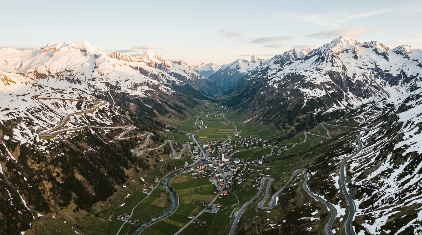 Aerial view of the Urseren Valley with Andermatt visible below, multiple mountain pass roads climbing into different valleys from the central hub, early morning light, snow-capped peaks surrounding the valley