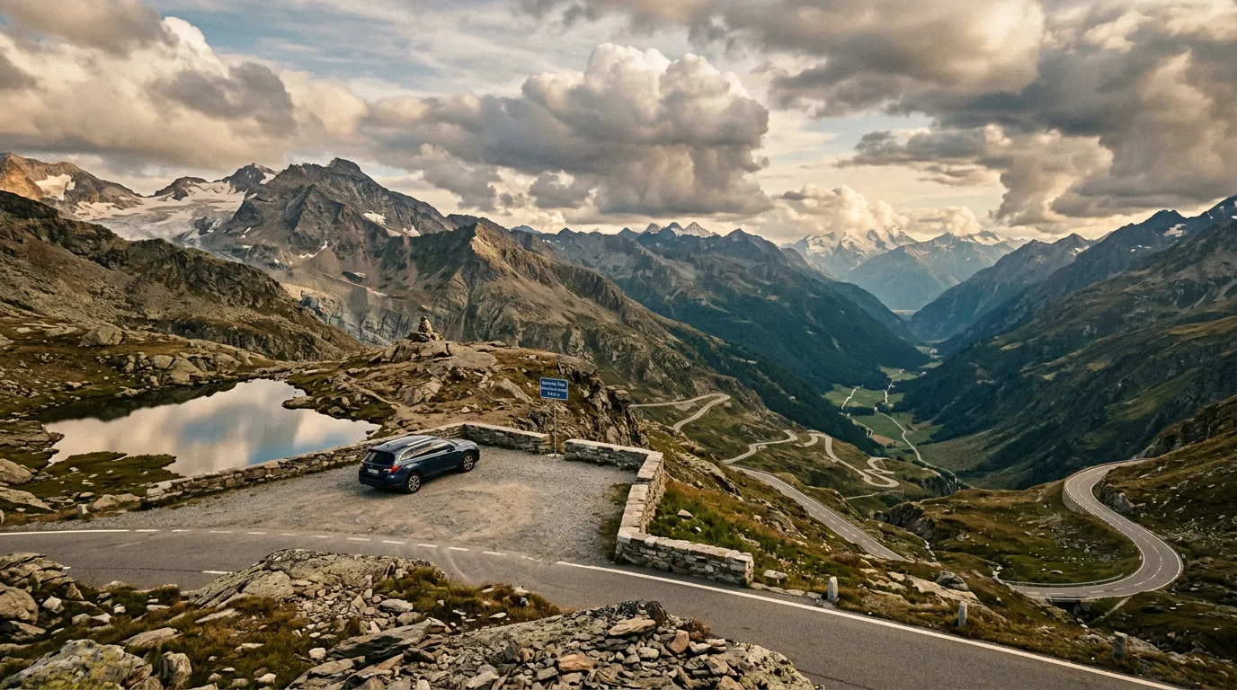 The Nufenen Pass summit at 2,478m, barren rocky landscape with small alpine lake, the road visible winding down toward distant green valleys, dramatic cumulus clouds building above, a lone car at the summit parking area