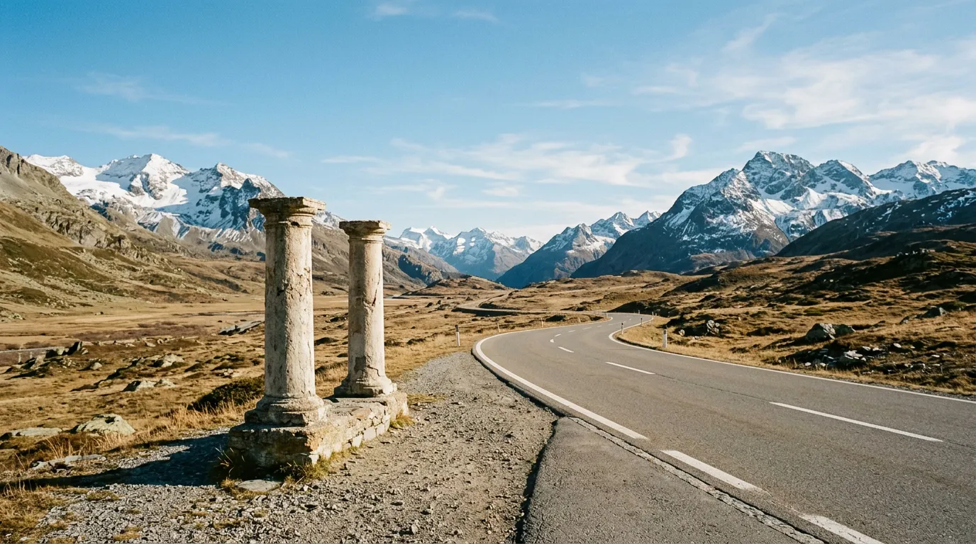Julier Pass summit at 2,284m, the two ancient Roman column fragments standing beside the modern road, austere high-altitude plateau stretching to snow-dusted peaks, clear blue sky, the road curving gently into the distance