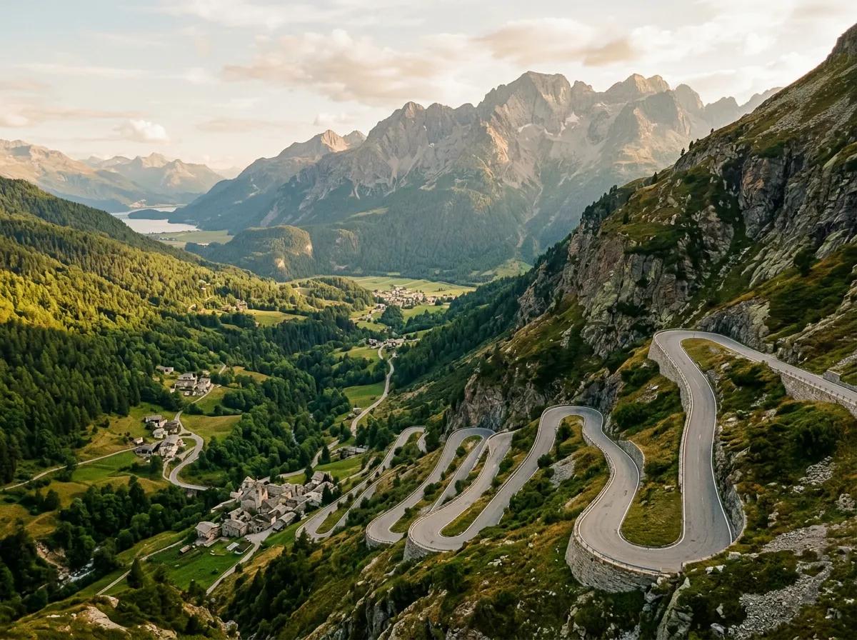 Maloja Pass western descent, tight hairpins dropping steeply from the flat Engadin plateau into the green Val Bregaglia far below, chestnut forests in the valley, stone villages visible, dramatic elevation difference between plateau and valley floor