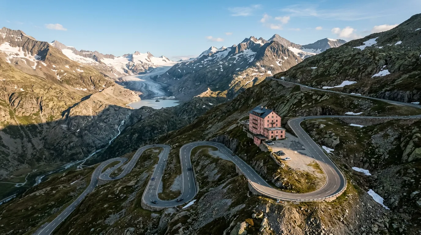 Aerial view of Furka Pass hairpins 11-14 on the eastern ascent, with the abandoned pink Hotel Belvedere visible at the roadside and the retreating Rhone Glacier in the background, dramatic alpine landscape under clear sky