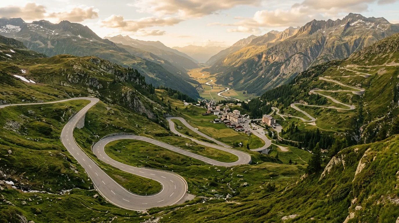 Western descent of Furka Pass toward Gletsch, sweeping curves through green alpine meadow, the Rhone Valley stretching into the distance with the Grimsel Pass road visible climbing the opposite mountainside, late afternoon golden light