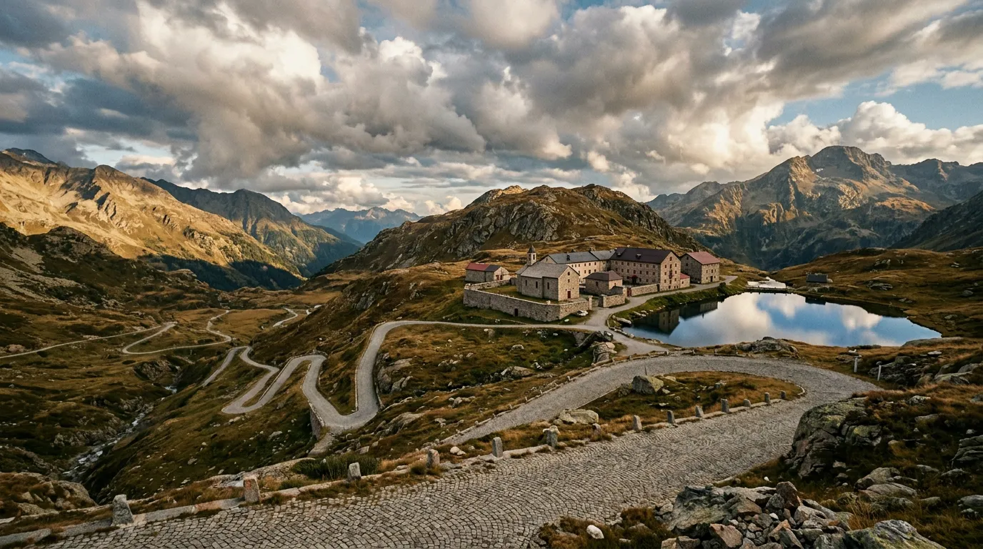 Gotthard Pass summit at 2,106m with the historic San Gottardo Hospice building and small alpine lake, windswept moorland landscape, the beginning of the Tremola cobblestone road visible dropping away to the south, dramatic clouds above