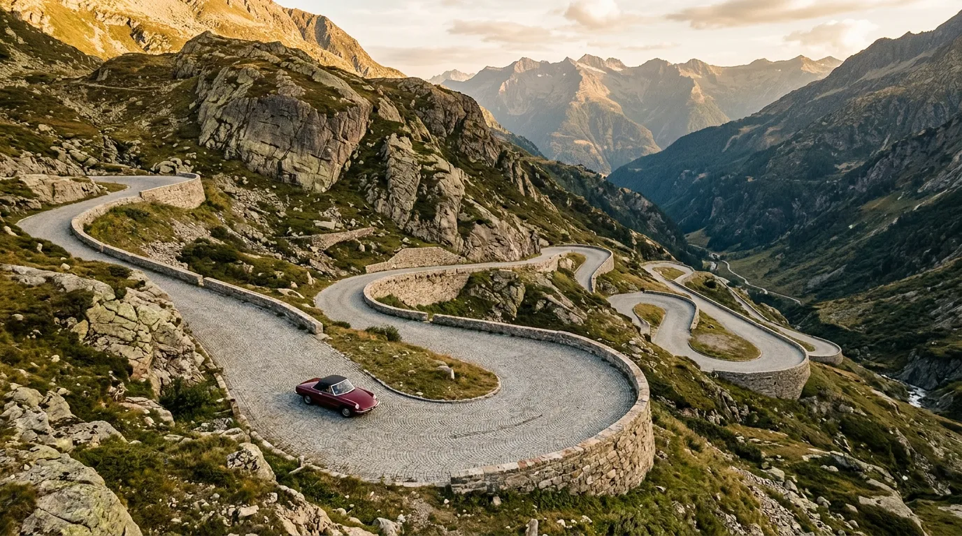 The Tremola cobblestone road from above, showing multiple layers of hairpin turns stacked on the steep southern face of Gotthard Pass, original granite setts visible, low stone walls lining each switchback, a single car navigating one of the lower turns