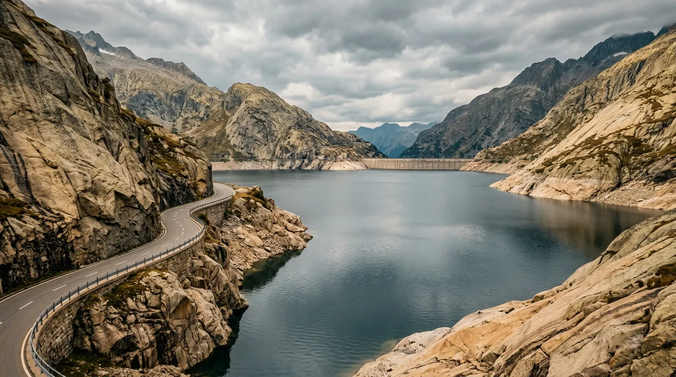The Grimselsee reservoir surrounded by polished granite slopes, dam wall visible in the distance, road carved through solid rock along the lake edge, overcast sky reflected in steel-blue water