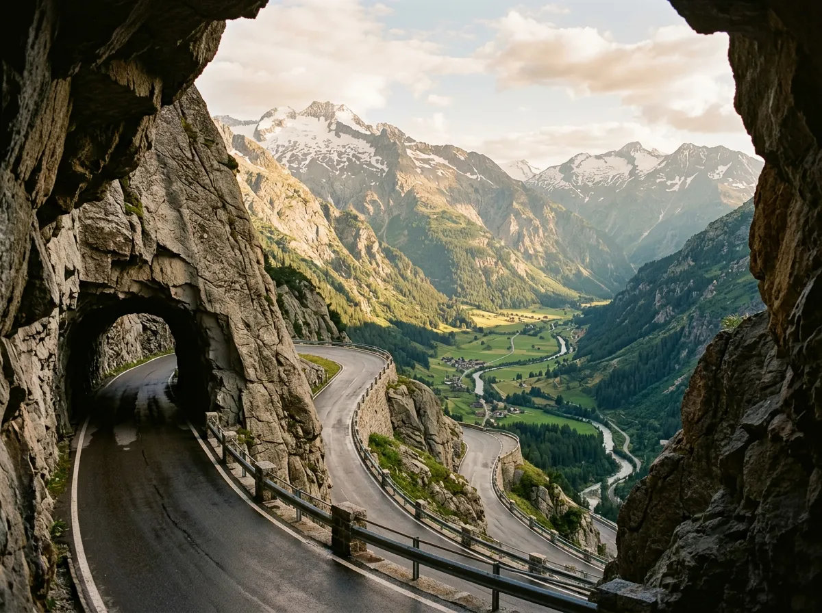 Northern descent from Grimsel Pass through gallery tunnels carved in granite cliff, green Aar Valley visible far below through the rock openings, road emerging from tunnel into bright alpine landscape