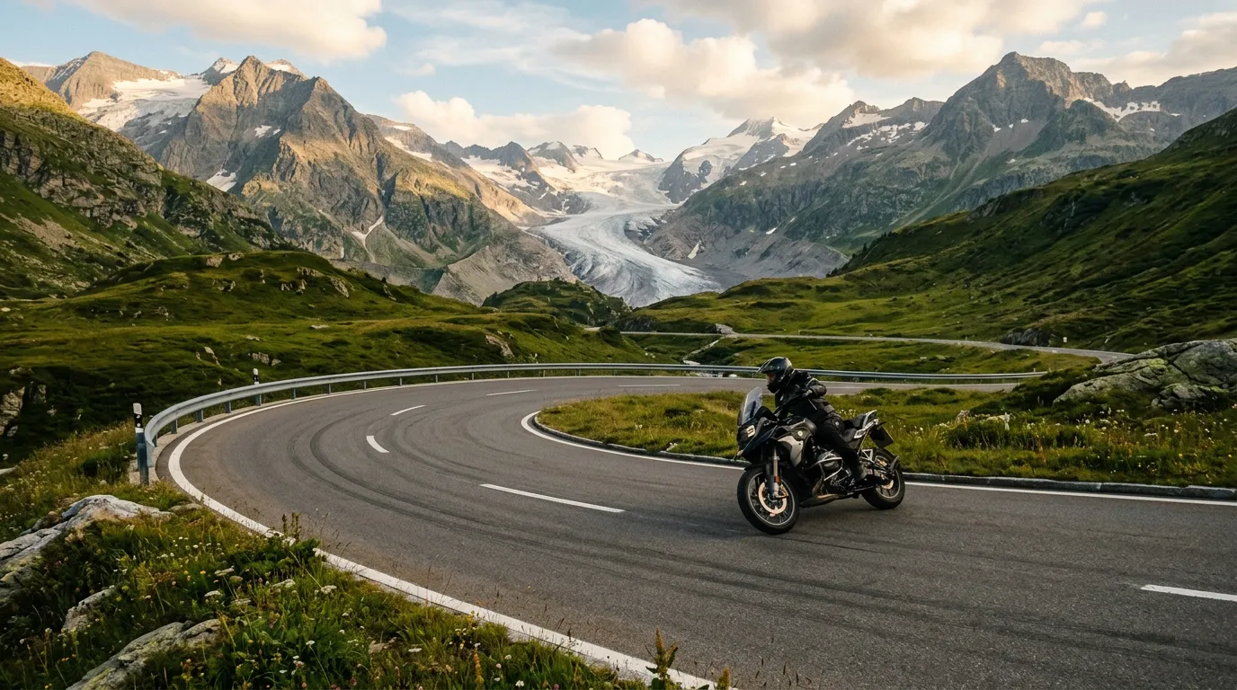 Sweeping curve on the eastern approach to Susten Pass at approximately 1,800m elevation, perfectly banked asphalt curving through green alpine meadow, Steingletscher glacier visible between mountain ridges in the background, motorcyclist leaning into the turn