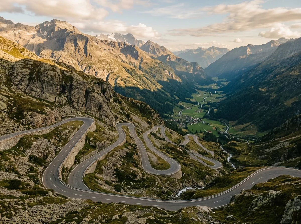 Western descent from Susten Pass summit, steep road with tight hairpins dropping through rocky alpine terrain into the green Gadmental valley far below, multiple switchbacks visible, late afternoon shadows creating dramatic contrast
