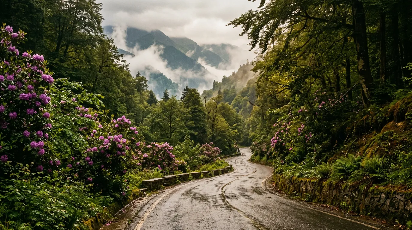 Zigana Pass road climbing through dense Black Sea forest, road wet from recent rain, rhododendrons in bloom along the roadside, misty mountain slopes visible through gaps in the tree canopy, atmospheric green light filtering through leaves