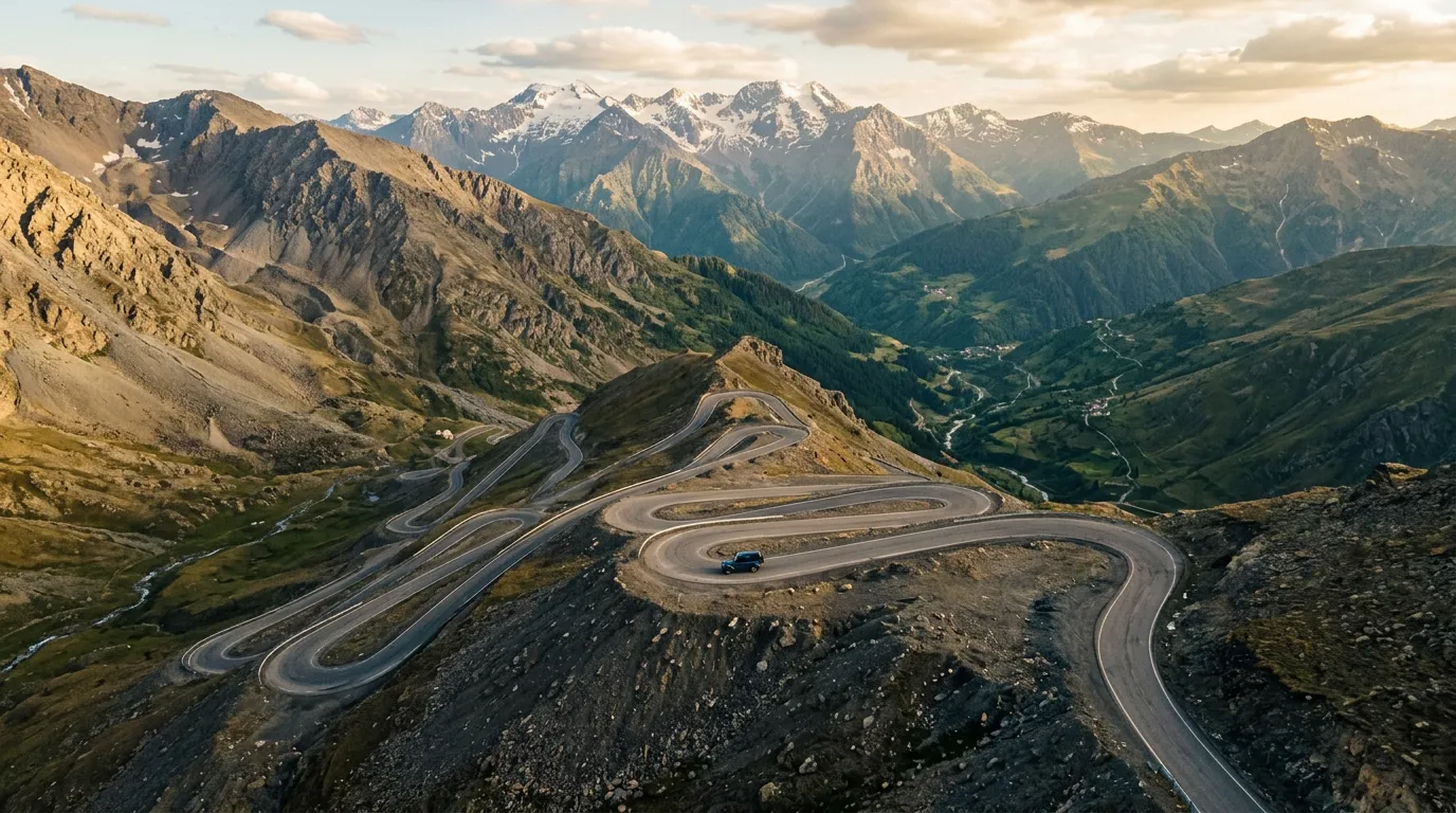 Ovit Pass upper hairpins viewed from above, the road switchbacking across a barren alpine mountainside, green valleys visible far below, snow on distant Kackar peaks, a single car on the empty road, dramatic scale and isolation