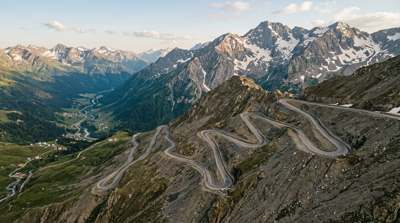 Aerial view of Ovit Pass upper hairpins above the tree line, tight switchbacks carved into grey-brown mountain rock, patches of snow on surrounding peaks, alpine meadow visible below, dramatic elevation exposure, clear sky with scattered clouds