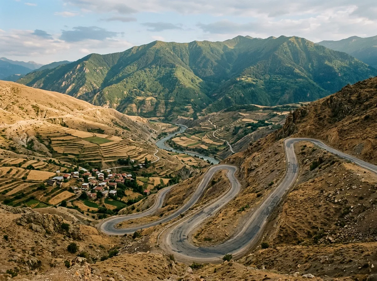 Southern descent from Ovit Pass, road winding through dry mountain terrain above the Coruh River valley, terraced hillsides, small village visible below, contrast between barren southern slopes and distant green mountains to the north
