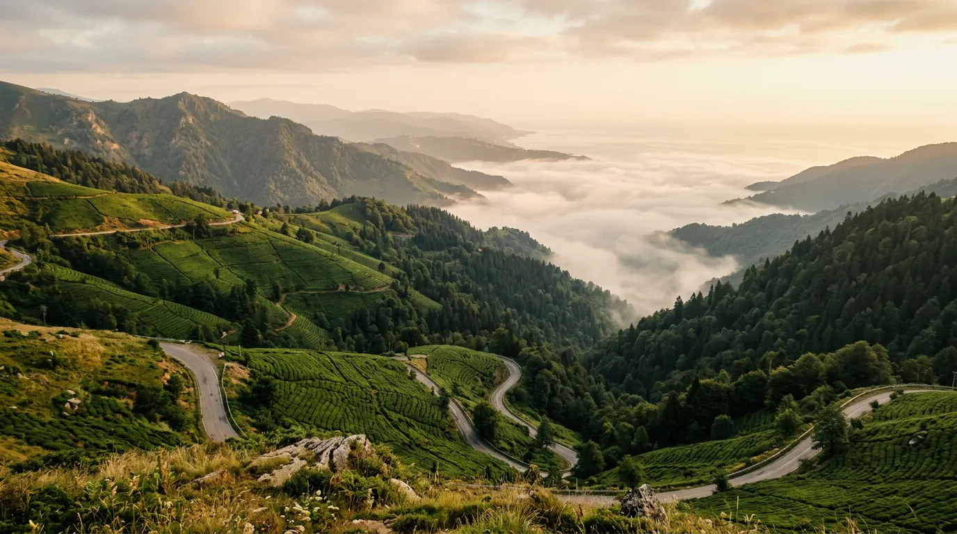 View from Zigana Pass summit looking north, lush green tea-growing slopes descending toward the Black Sea coast, morning mist filling the lower valleys, transition from alpine meadow to dense forest clearly visible, soft diffuse light