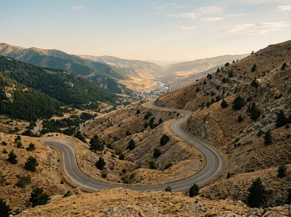 Southern descent from Zigana Pass, dry brown mountain slopes with scattered pine trees, the road sweeping in wide curves toward the Kelkit valley, warm afternoon light, clear Anatolian sky, contrast with the green northern slopes